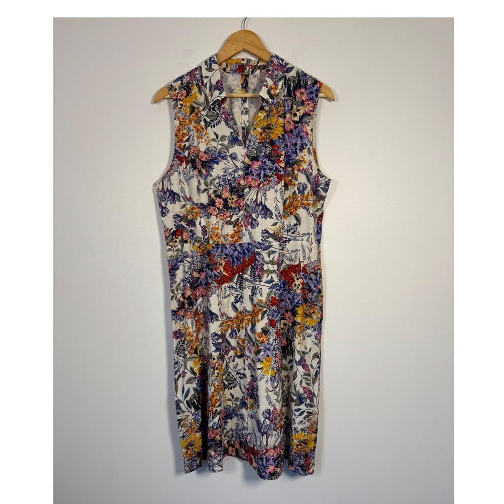 Floral Cottagecore Tahari Womens L Linen Blend Sleeveless Shift Dress Multicolor